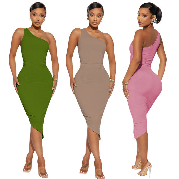 YD8741-B4 special products are non-refundable and non-exchangeable, European and American women's clothing, sexy and fashionable threaded, slanted shoulder dress.