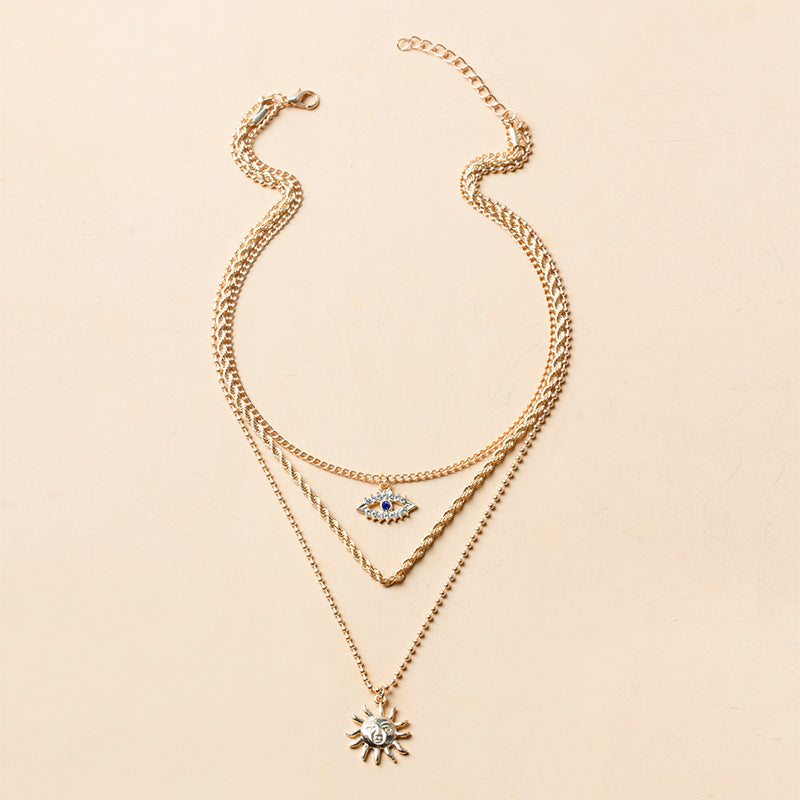 Bohemian multi-layered necklace for women retro sunflower pendant niche style stacked clavicle chain accessories choker necklace