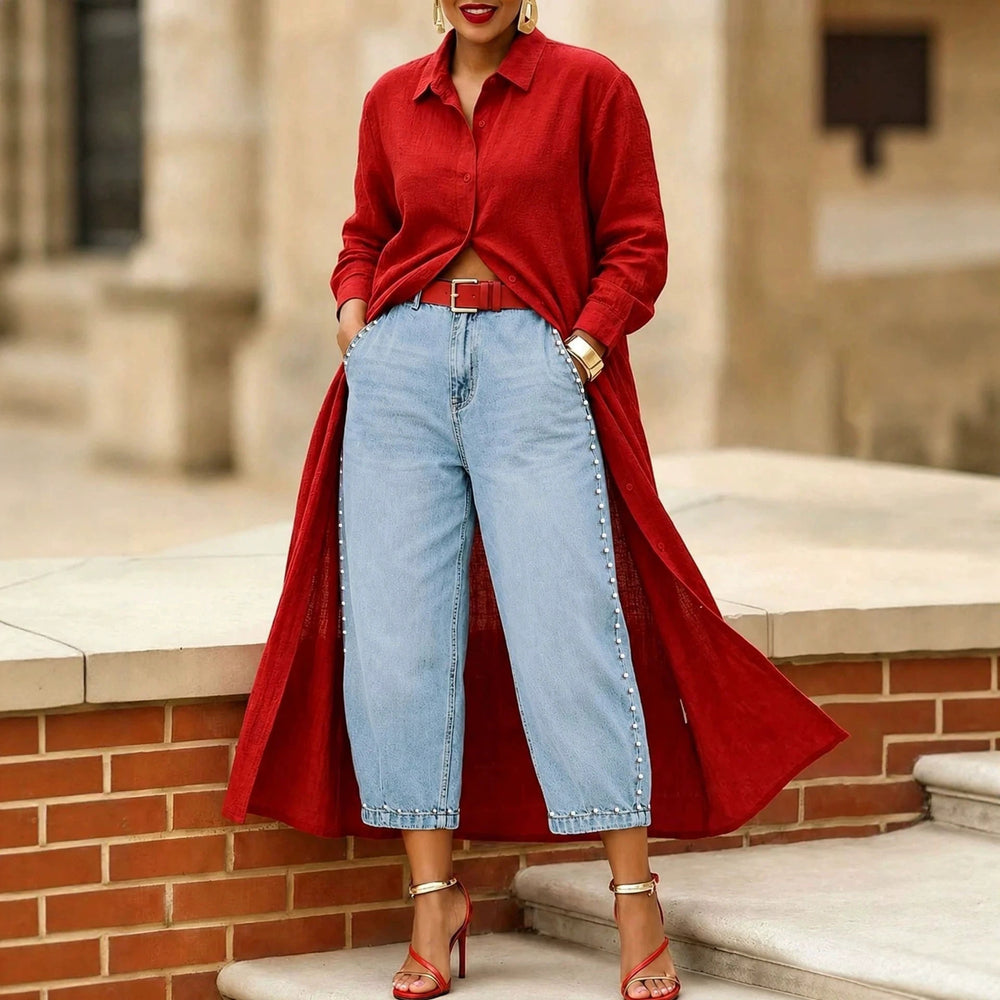 European and american style women's washed denim jeans with beaded side detailing, pearl embellished hem, vintage high-waisted wide leg jeans