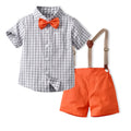 New arrivals: cross-border japanese & korean style boys' outfit - short-sleeve plaid shirt, overalls, and bow tie gentleman's suit