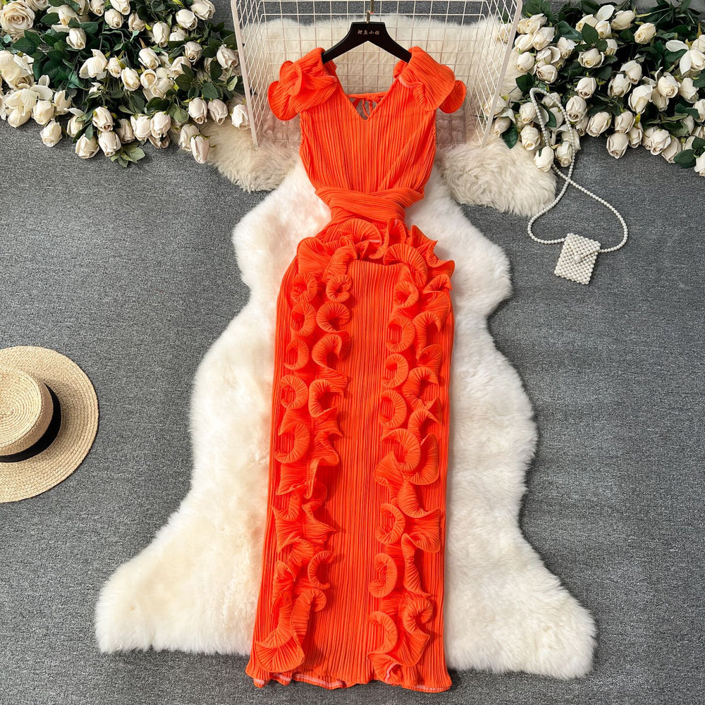 High-end banquet dress, premium affordable luxury, niche pleated three-dimensional ruffle trim, slim-fit long elegant dress for women