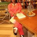 European and american cross-border women's fashion:  autumn new collection - stylish turn-down collar striped long-sleeve shirt and wide-leg pants casual set