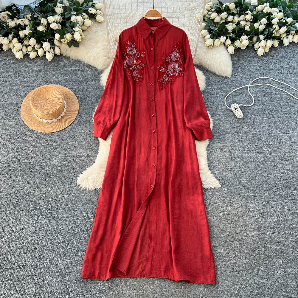 French retro 3d floral embroidered red a-line dress - women's autumn korean style long sleeve slimming elegant maxi dress