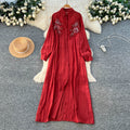 French retro 3d floral embroidered red a-line dress - women's autumn korean style long sleeve slimming elegant maxi dress