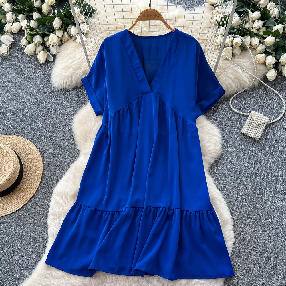 K-stylev neck short-sleeved casualelegantdress women's summercasuallooseslimming look flesh-covering a-line skirt work clothing
