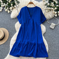 K-stylev neck short-sleeved casualelegantdress women's summercasuallooseslimming look flesh-covering a-line skirt work clothing