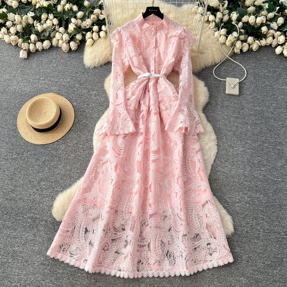new spring/summer elegant high-end banquet evening gown - women's heavy embroidery cutout flared sleeve dress