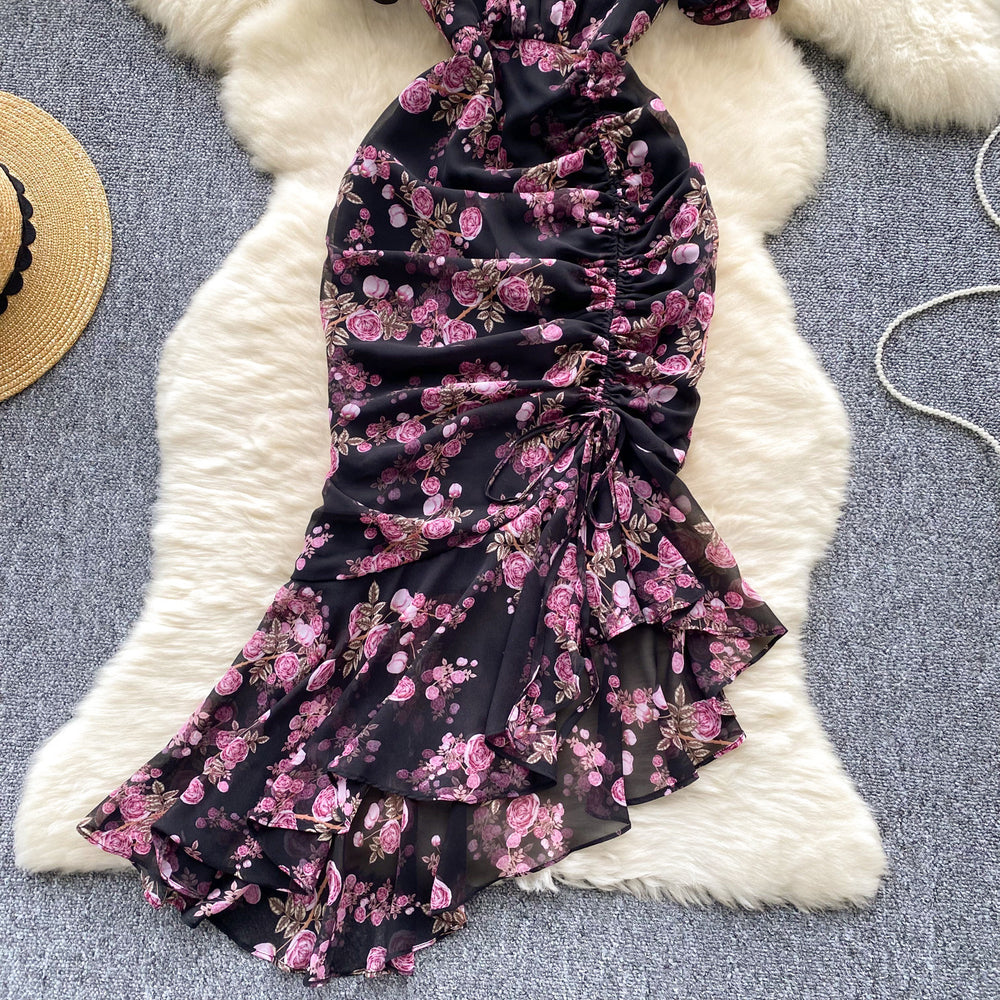 Frenchromantic atmosphere floral dress women's summer puff sleeves asymmetrical design niche styleaccessible luxury fishtail long skirt
