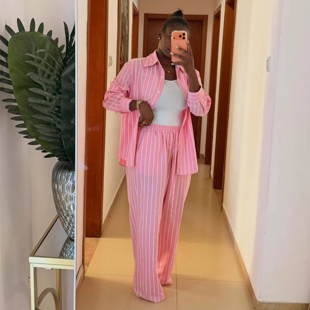 European and american cross-border women's clothing  spring/summer new fashion sweet striped loose long-sleeved shirt and tie-waist pants set