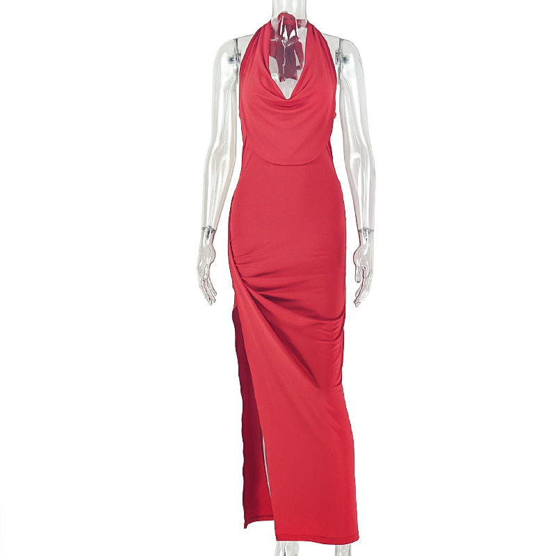 Fashion styleexport women's pure color pleated slimming side slit hip skirt swing collar sleeveless longtrendydress