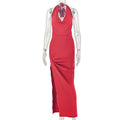 Fashion styleexport women's pure color pleated slimming side slit hip skirt swing collar sleeveless longtrendydress