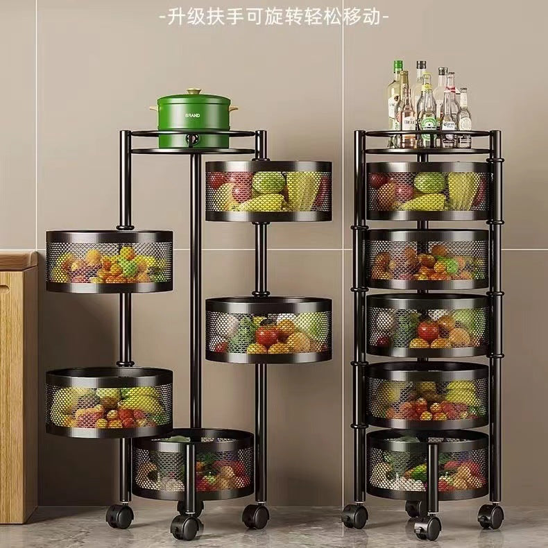 Kitchen rotating multi-functional storage rack, household floor-standing multi-tier snack cart, fruit and vegetable basket organizer
