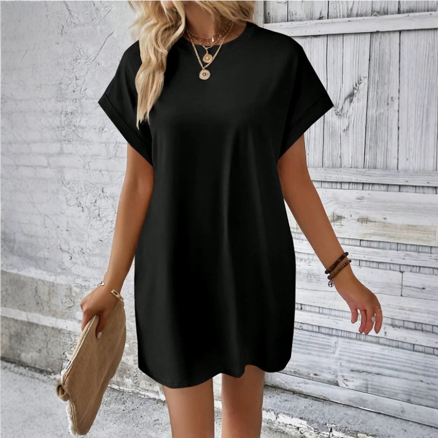 new european and american style solid color loose-fit short sleeve dress - summer casual round neck pocket design women's clothing