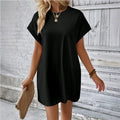 new european and american style solid color loose-fit short sleeve dress - summer casual round neck pocket design women's clothing