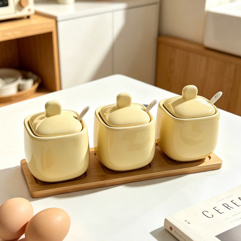 Wow, simple style seasoning jar ceramic seasoning box for home with lid wooden tray msg salt shaker round seasoning jar