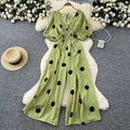 Fashion style polka dot puff sleeve jumpsuit women's summerv neck waist loose wide leg fried street elegant royal sister pants