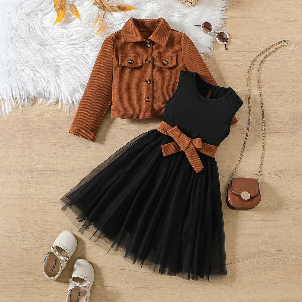 Girls' fashionable and elegant two-piece set: faux pocket notch lapel corduroy long-sleeve jacket + fluffy mesh skirt with vest