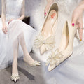 Fairy-style stiletto heels for women, new 2025 design featuring a bow, rhinestone embellishments, pointed toe, and a low-cut silhouette