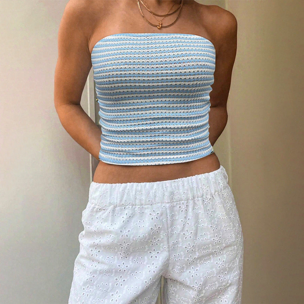 European and american cross-border  sexy blue and white striped bandeau sleeveless off-shoulder bodycon cropped vacation tank top for women