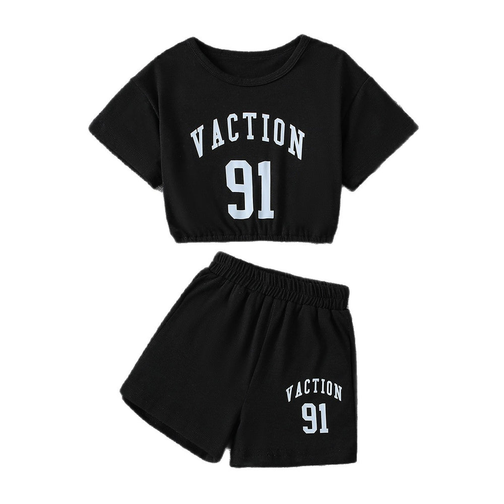 girls' activewear set: black letter print drawstring short-sleeve top and shorts - kids' summer two-piece outfit