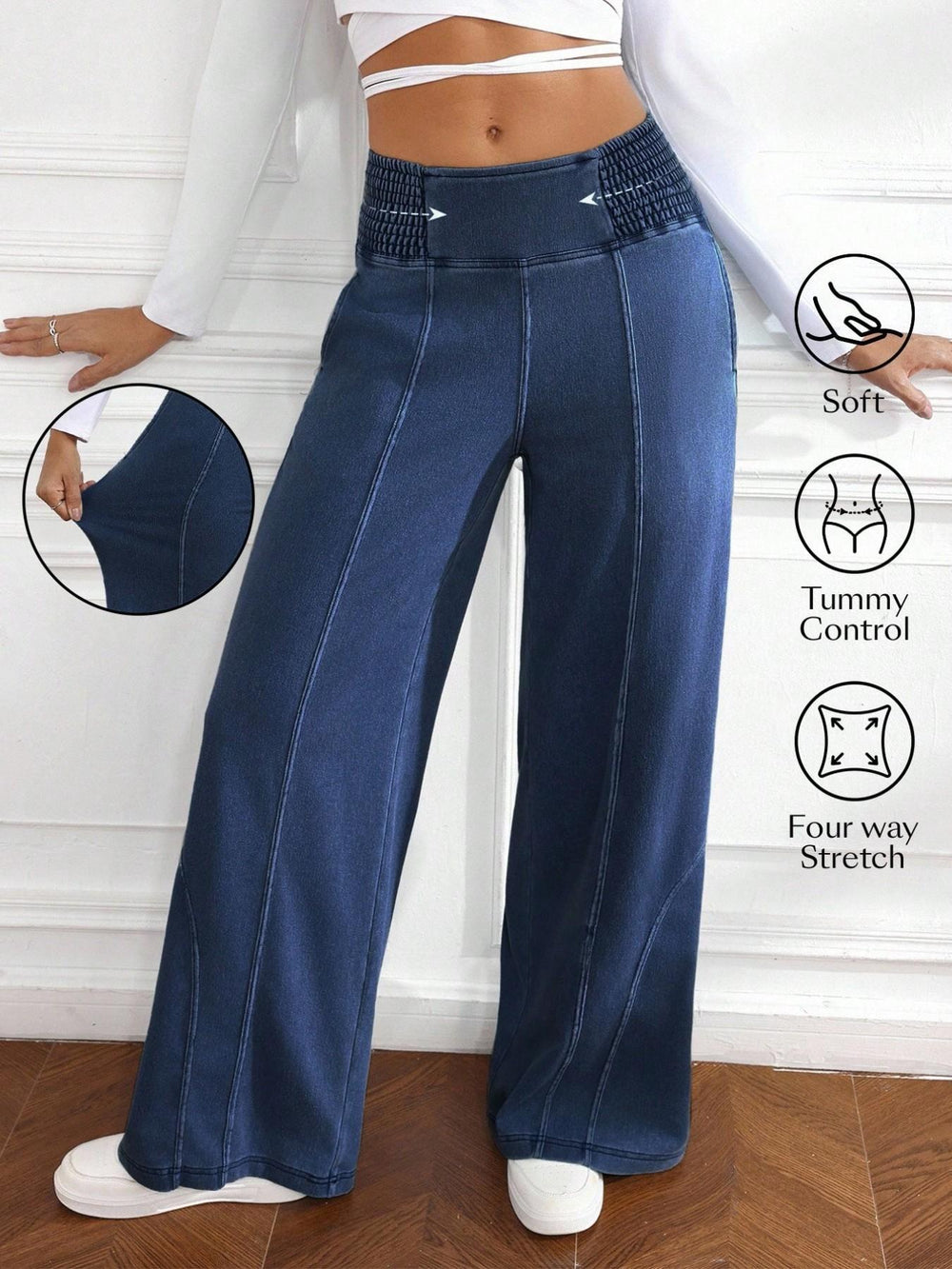 Tummy control imitation denim loose pants four-way stretch soft high waist flared pants