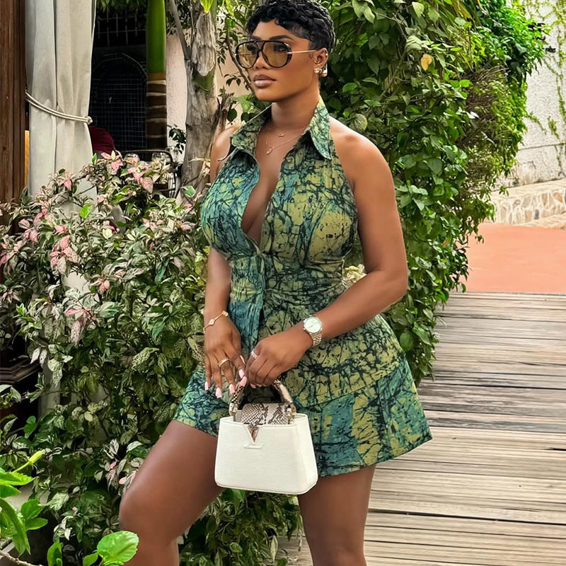 European and american cross-border women's fashion  autumn new sexy printed sleeveless turn-down collar shirt top and wide-leg shorts set
