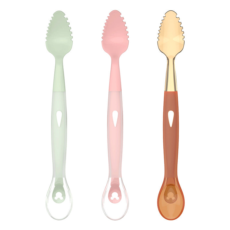Double-headed mud scraping spoon baby silicone soft spoon baby food supplement artifact newborn eating fruit training fork and spoon set