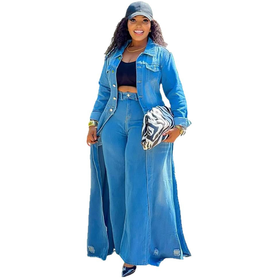 European and american style loose denim long coat  cross-border women's autumn and winter button-down cardigan long sleeve windbreaker jacket