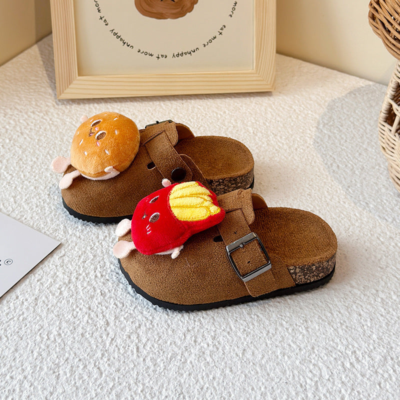 New children's birkenstock-style slippers - cartoon burger & fries design - spring/autumn outdoor wear - cute flat thick sole baby slippers