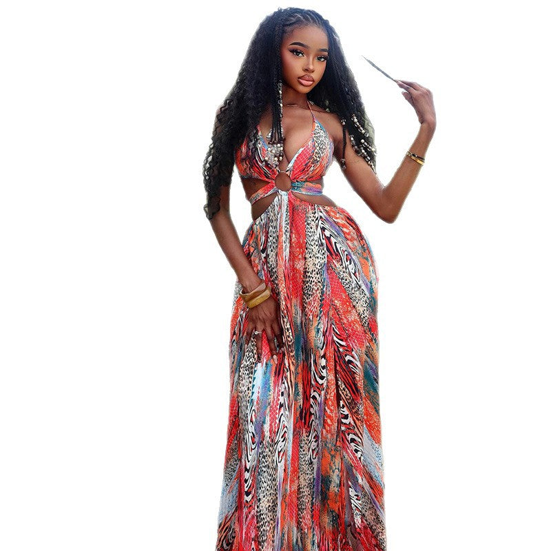 European and american style ins cross-border seaside vacation women's clothing color matching waist a-line skirt chest wrap slit halter spring and summer dress