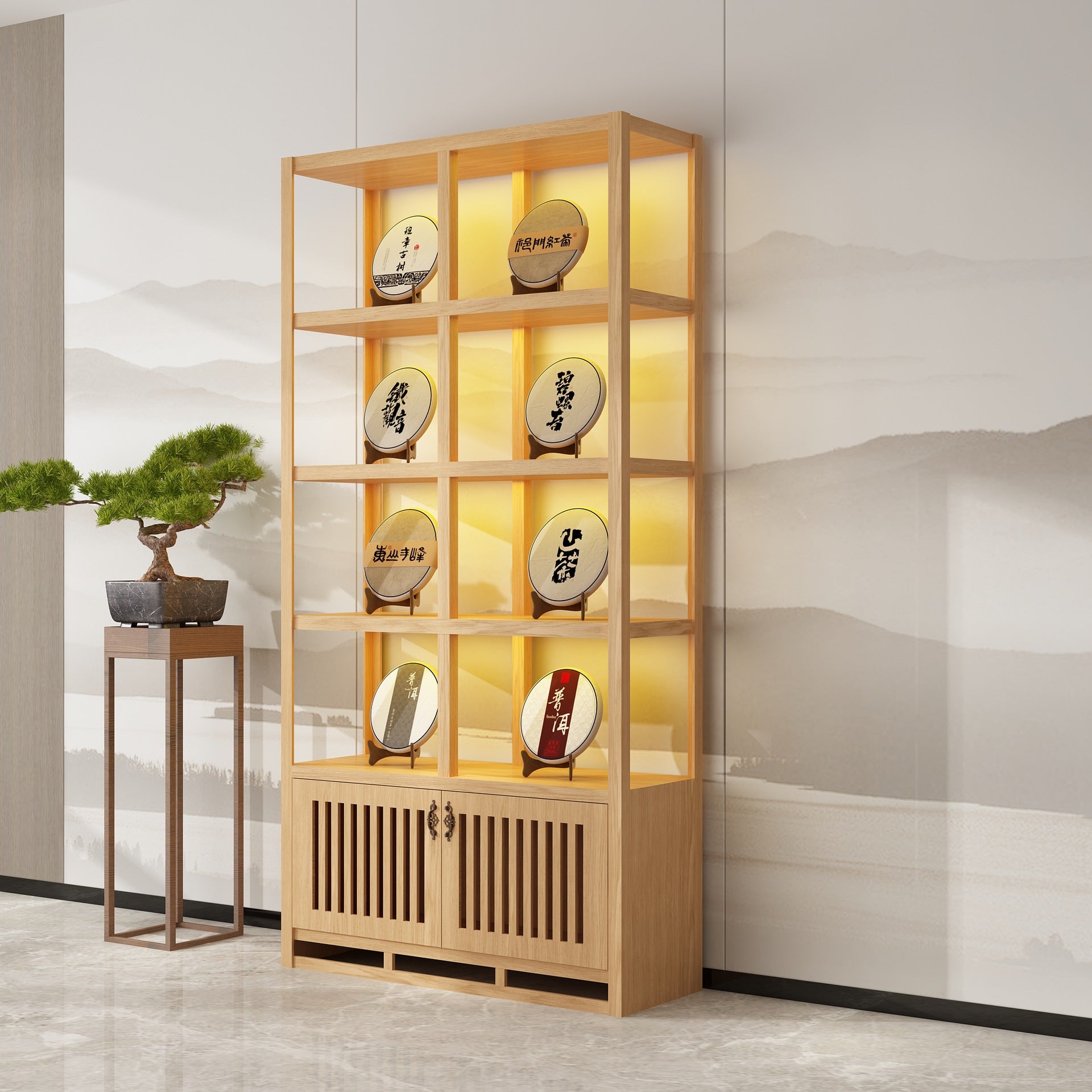 Solid wood tea cabinet Zisha pot display cabinet Product storage shelf Entrance ornament cabinet Chinese retro porcelain display cabinet