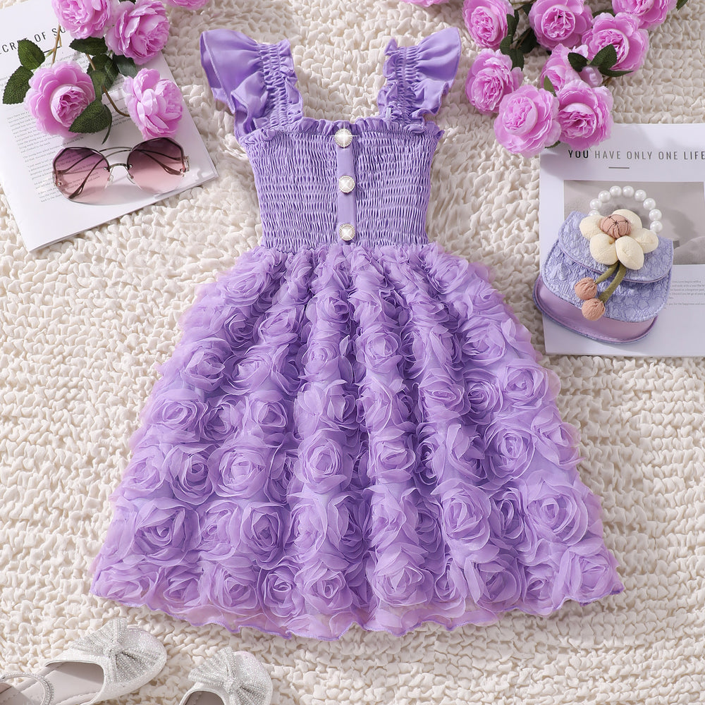 Girls' (toddler) dress, summer solid color flutter sleeve 3d rose ruched dress