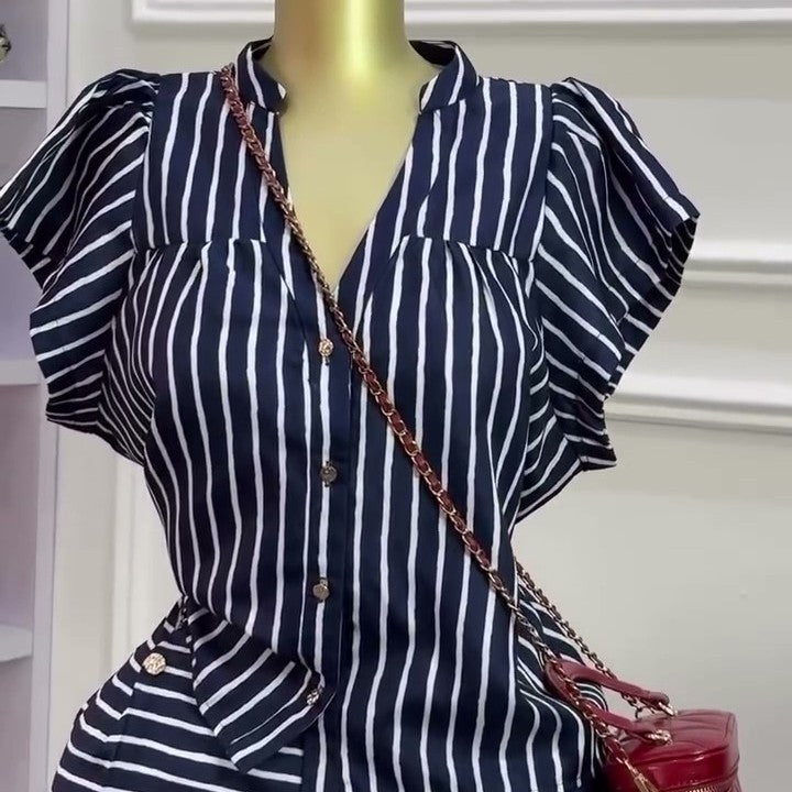 European and american cross-border women's fashion:  summer new arrival - chic v-neck striped short-sleeve shirt and high-waisted shorts set