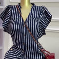 European and american cross-border women's fashion:  summer new arrival - chic v-neck striped short-sleeve shirt and high-waisted shorts set