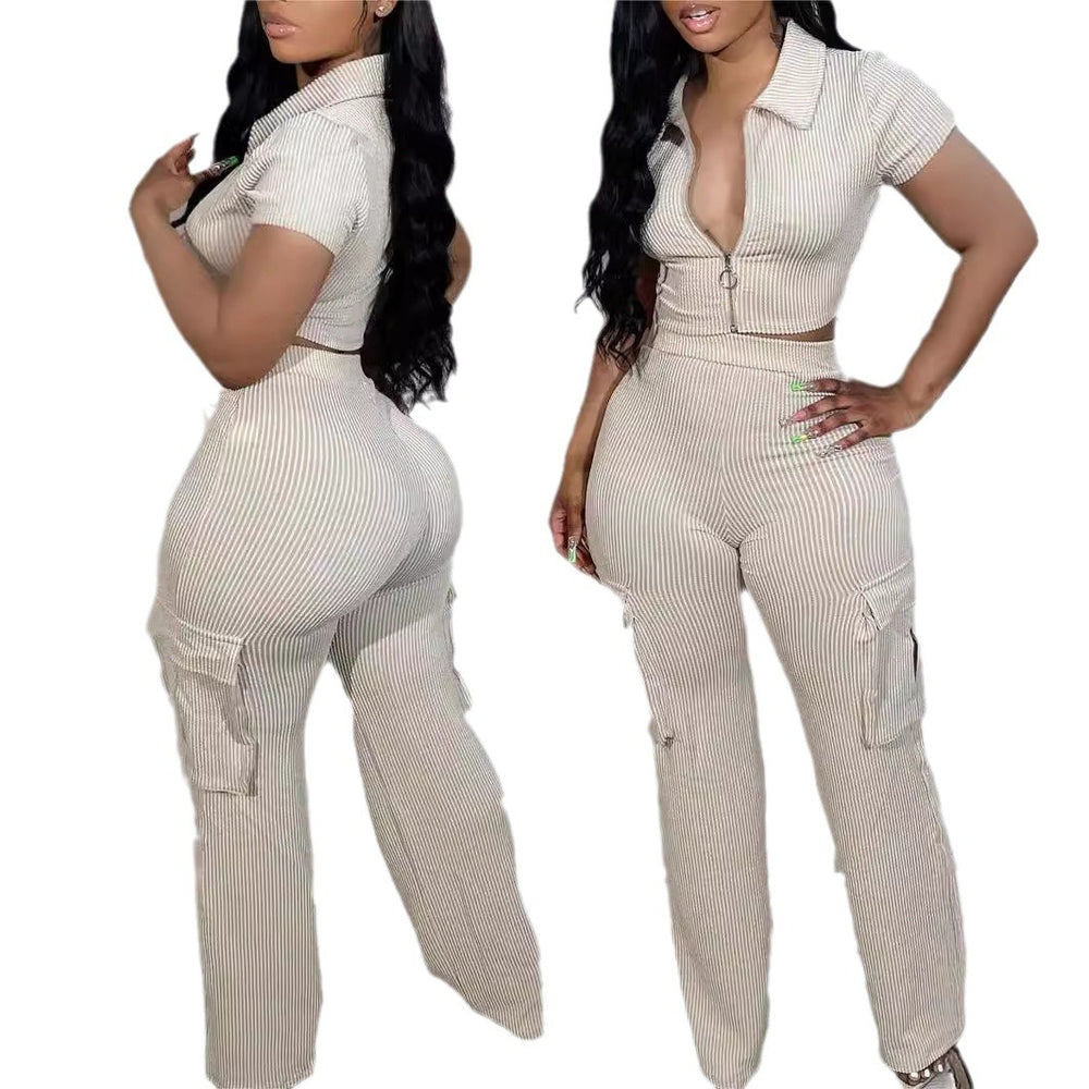 Zipper top & multi-pocket pants casual solid color two-piece set - autumn european & american fashion - new arrival for  & independent e-commerce stores
