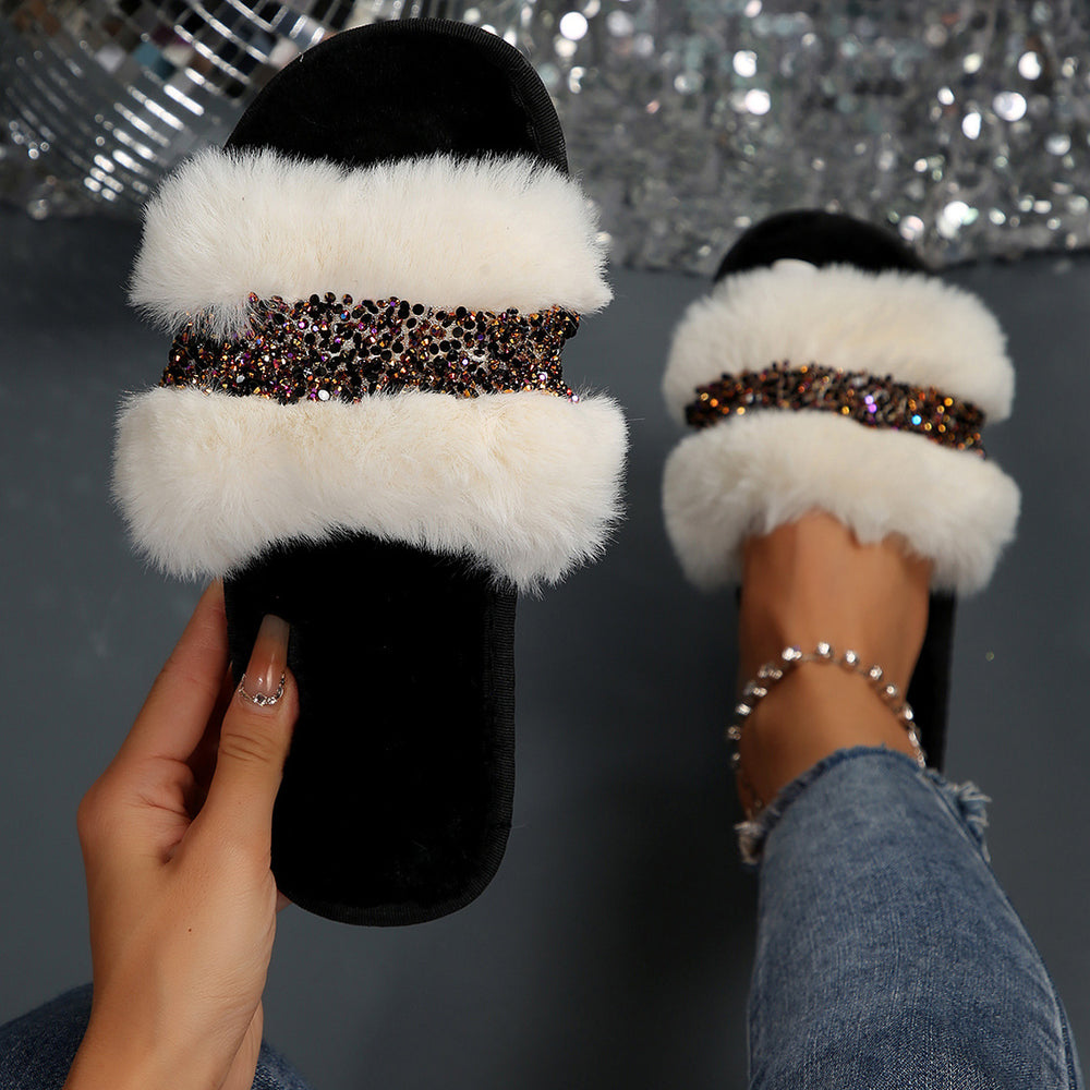Influencer-approved rhinestone fuzzy slippers for women - new 2024 collection - wearable flat slides, warm fuzzy cotton slippers for autumn and winter