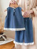 new summer outfit for baby girls: stylish doll-inspired sleeveless denim patchwork lace pants two-piece set