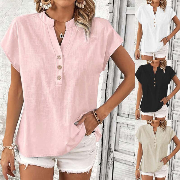 2025 European and American  new retro cotton and linen women's casual shirt V-neck button short-sleeved solid color cotton and linen top
