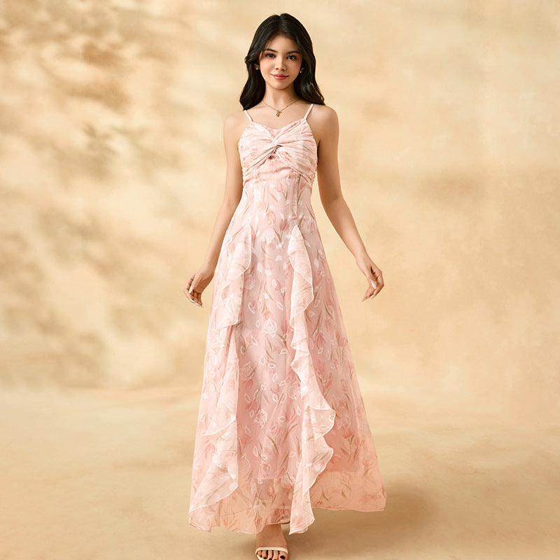 Ready-to-ship cross-border youth apparel: floral chiffon camisole dress, slim-fit plus size women's fashion, elegant and stylish dress