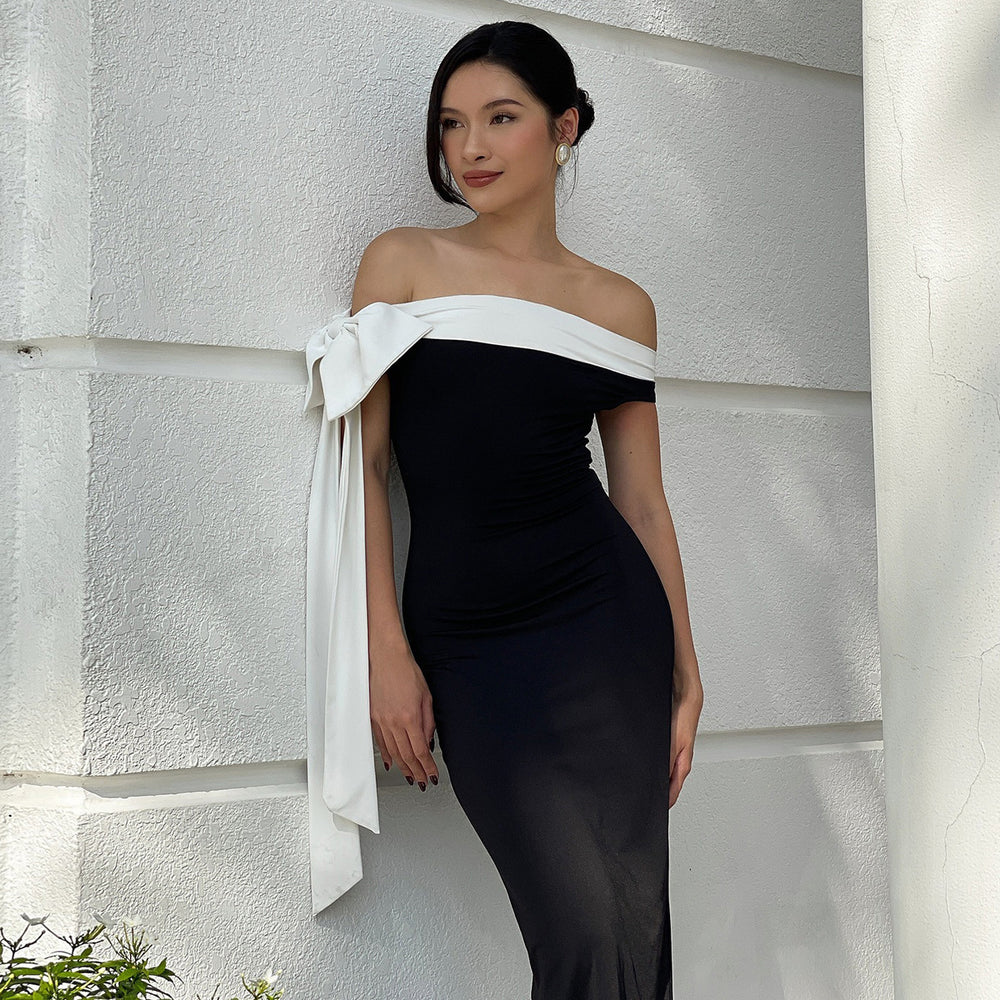European and american style cross-border women's autumn/winter new fashion elegant one-shoulder ribbon sleeveless bodycon mini dress