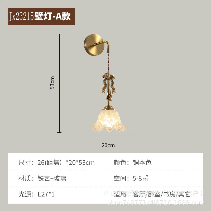 French retro bow brass small pendant wall lamp 3d ceramic flower pleated fabric bedroom bedside light
