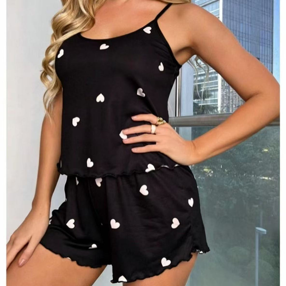 Summer women's pajamas two-piece set camisole and shorts loungewear european and american style printed sleepwear set
