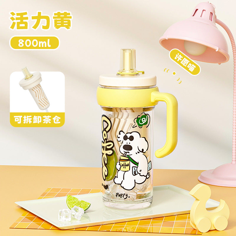 New arrival cartoon jumbo ice cup straw coffee cup large capacity with tea drain high temperature resistant handle straw water cup