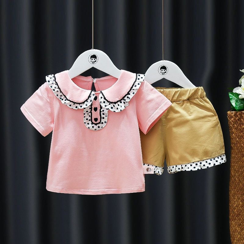 Girls' summer short-sleeve outfit:  new kids' stylish t-shirt and shorts fashionable two-piece trendy children's clothing set
