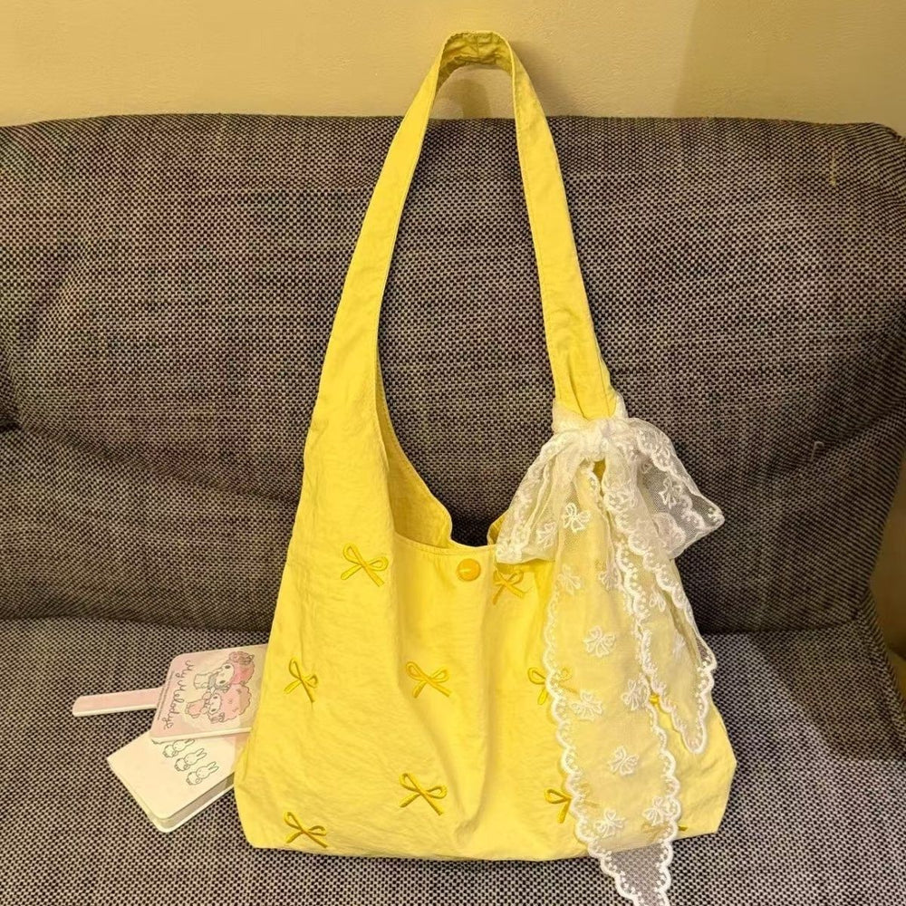 spring new arrival: large capacity shoulder bag vest - korean style sweet embroidered bowknot ruched versatile commuter bag for women