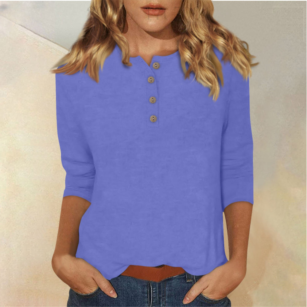 cross-border  women's fashion casual three-quarter sleeve solid color button-down crew neck t-shirt top