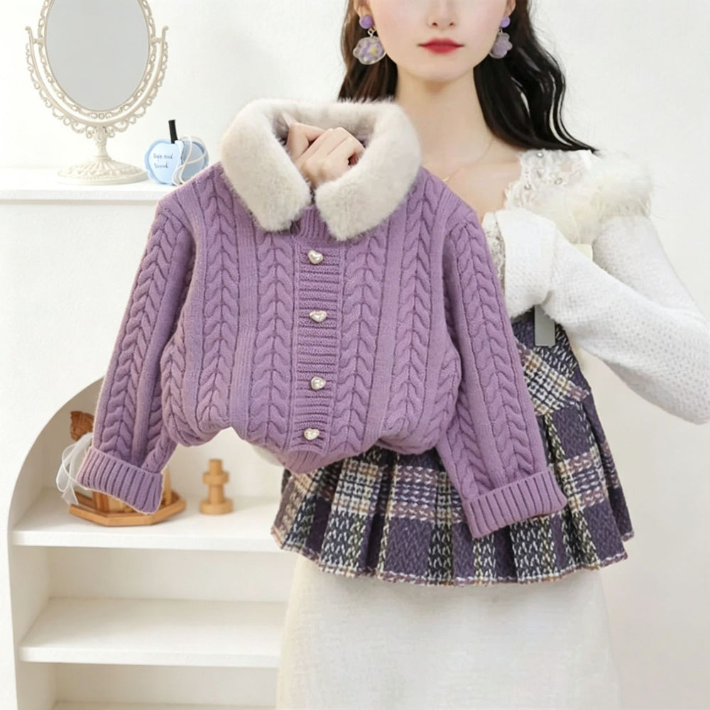 Girls' sweater set - new winter  collection: faux fur collar jacket & wool blend plaid skirt - trendy two-piece outfit