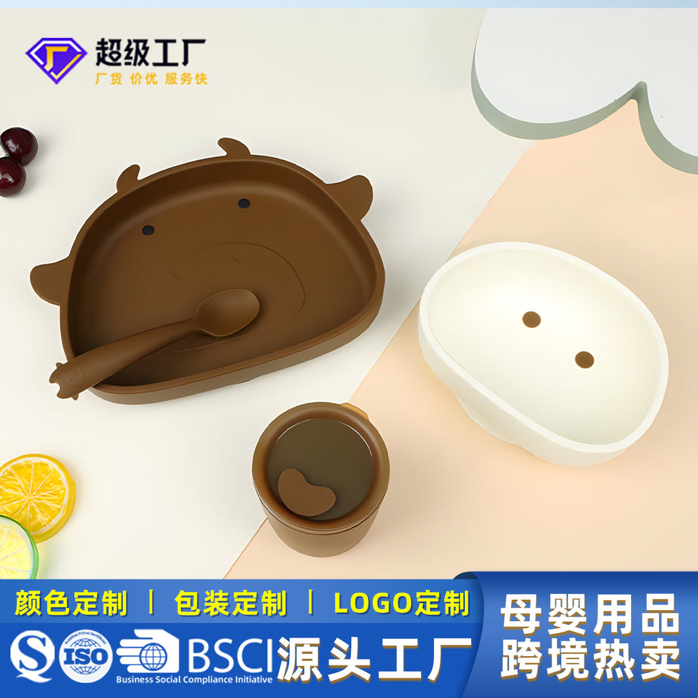 Silicone tableware kids set: baby bowl, food supplement bowl, suction cup learning chopsticks, spoon, plate - food grade, cute & fun for feeding