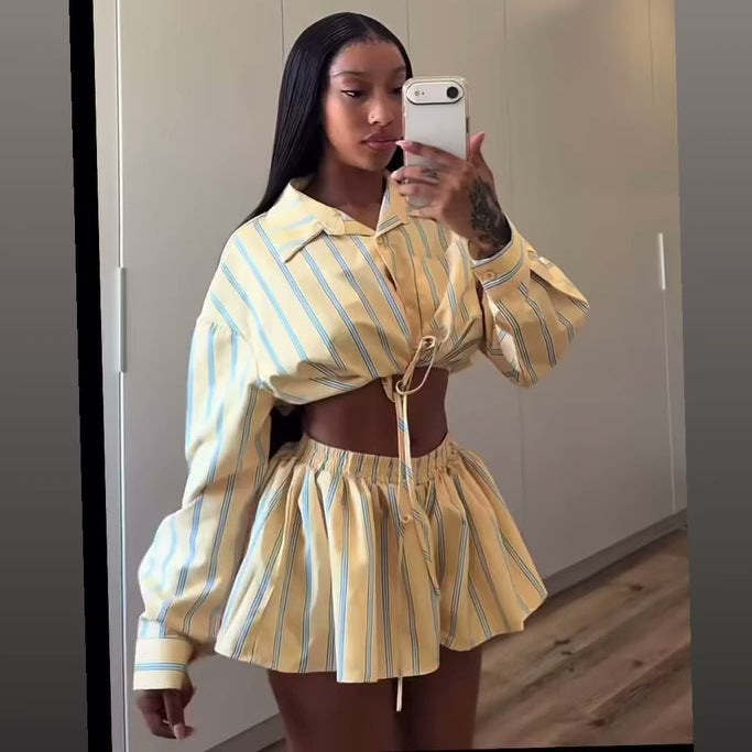 European and american cross-border women's fashion:  summer new arrivals - stylish striped tie-front shirt and high-waisted midi skirt set