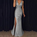 spring new european and american style women's foreign trade dress -  slit gold-embellished maxi dress evening gown